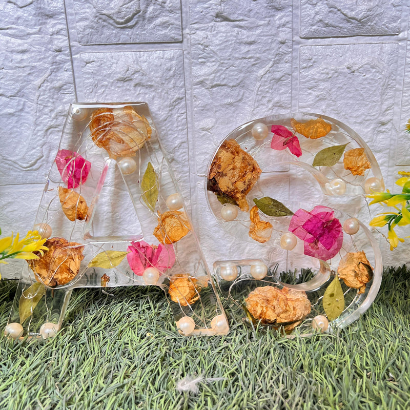 Resin 6 inch name initial Lamp with Qurakick LED light option with Petals Varmala Preservation