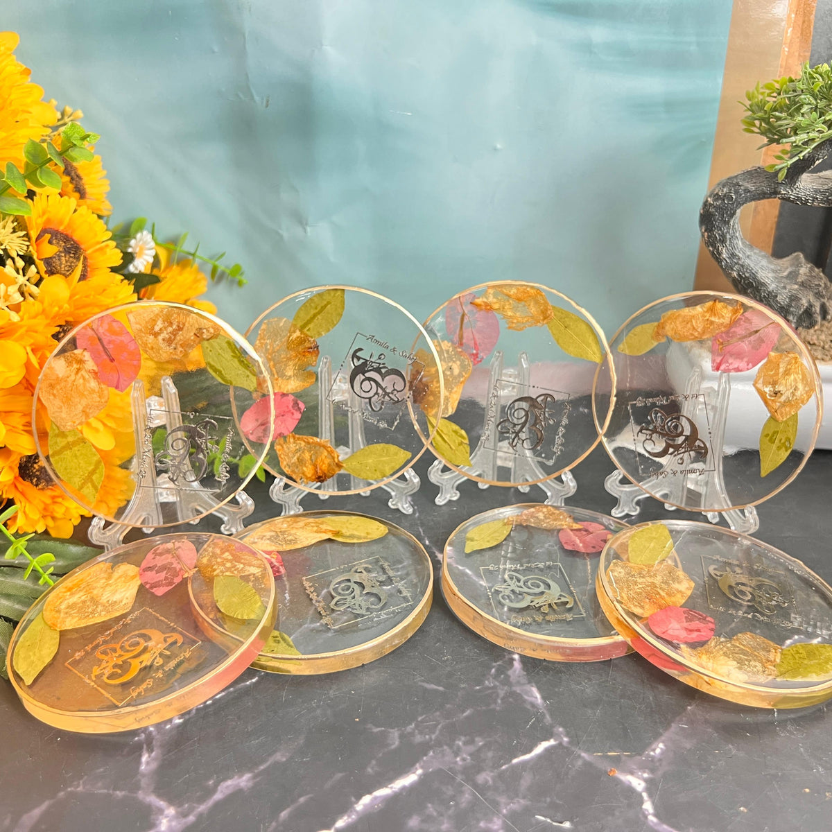 Resin 8 set of coster with Petals with Logo varmala Preservation