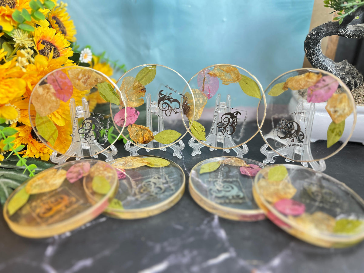 Resin 8 set of coster with Petals with Logo varmala Preservation