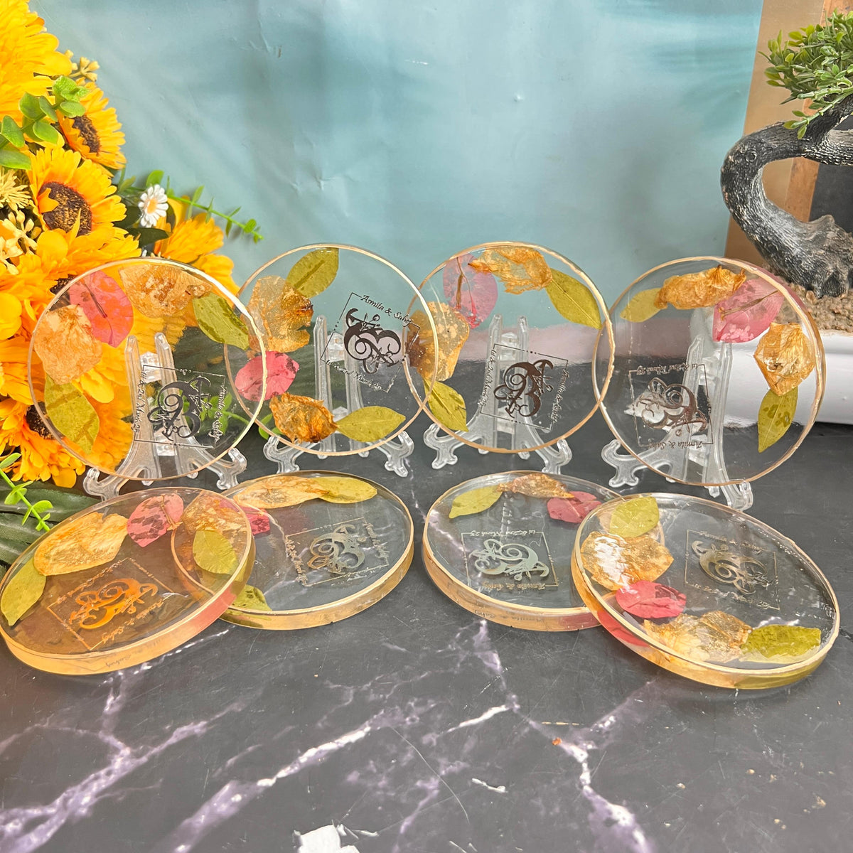 Resin 8 set of coster with Petals with Logo varmala Preservation