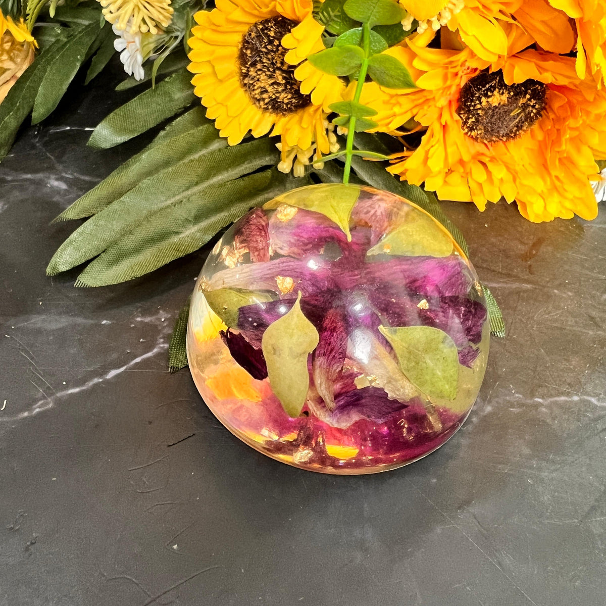 Resin Paperweight with Preserved Orchid Flowers