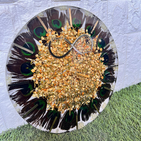 Resin 12inch clock with Morepank with Mogra Flowers with Stick Varmala Preservation Resin 12inch clock with Morepank with Mogra Flowers with Stick Varmala Preservation
