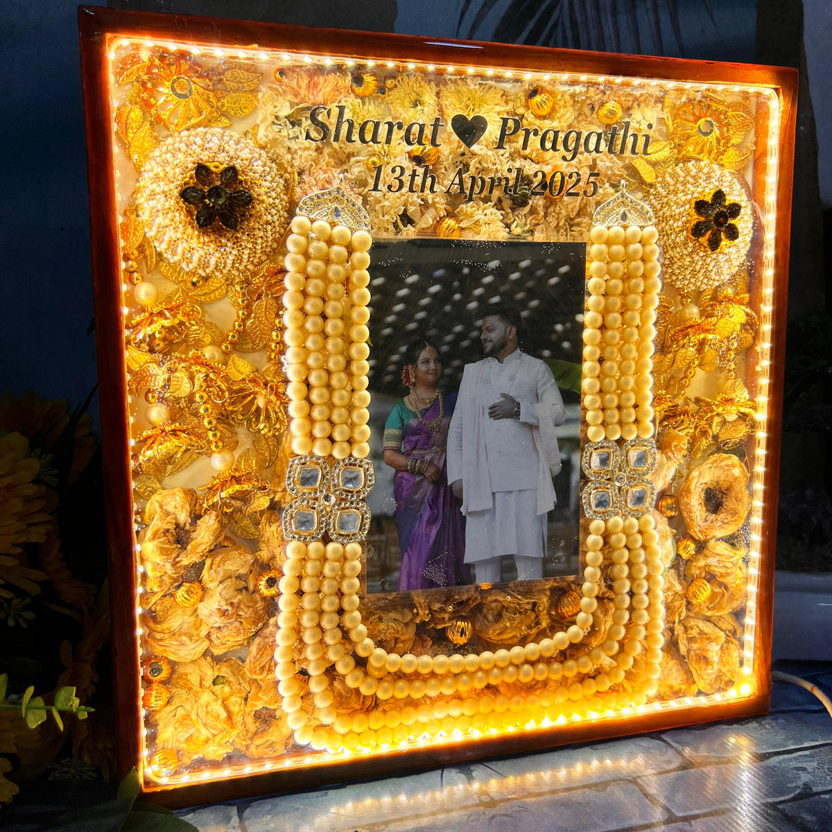 Resin 12 inch wooden frame with led light connection with kaleera ,kantha flowers ,name date and photo Varmala Presevation
