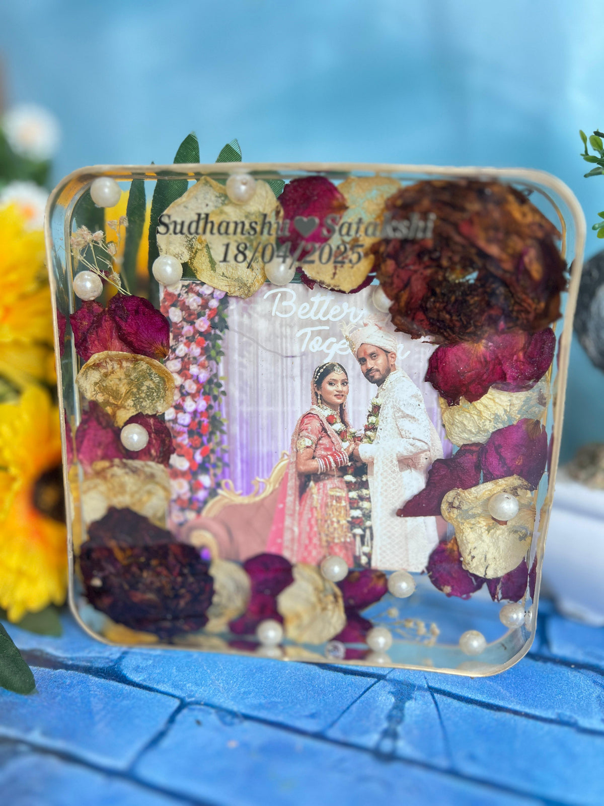 Resin 6 inch block with couple photo & Flowers varmala Preservation