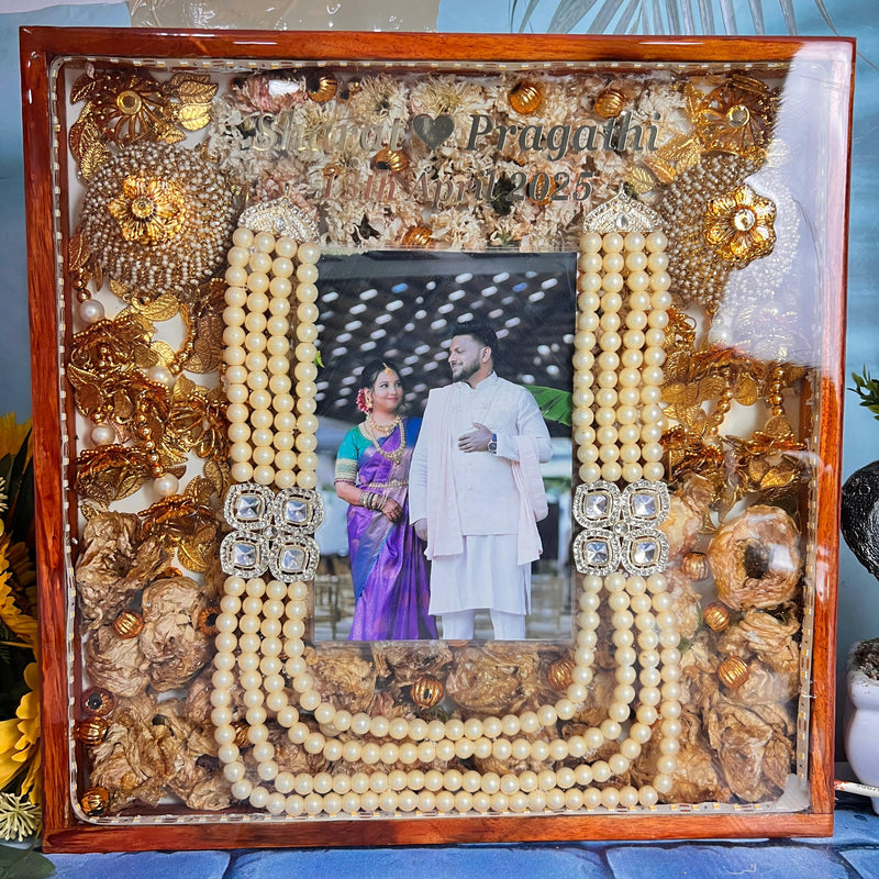Resin 12 inch wooden frame with led light connection with kaleera ,kantha flowers ,name date and photo Varmala Presevation
