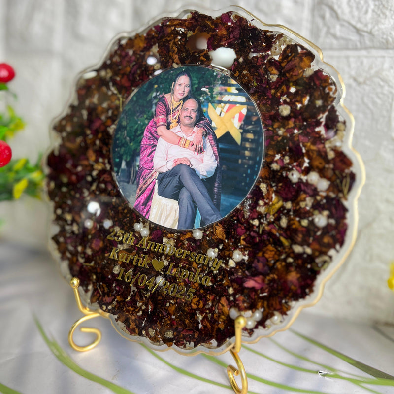 Resin 8 inch round curve shape with Petals & couple Name & Date Varmala Preservation
