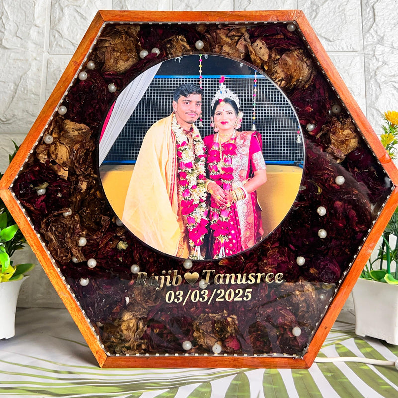 Resin 12inch Hexogonal with Couple Photo & Varmala with LED option Varmala Preservation
