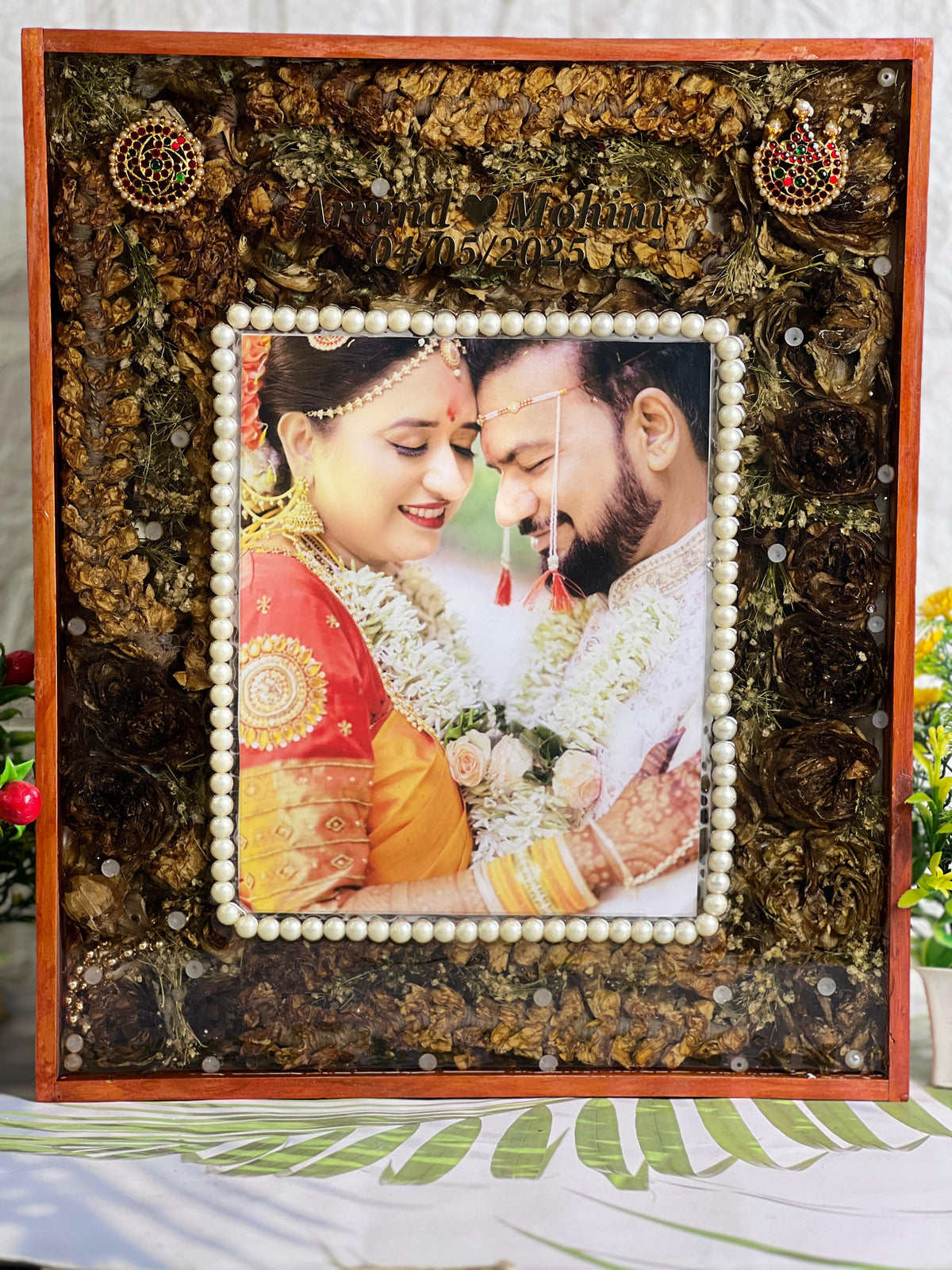Resin 15 by 18 inch with Lotus Flowers & Jumke with Couple photo & Pearls border With Name & date varmala Preservation