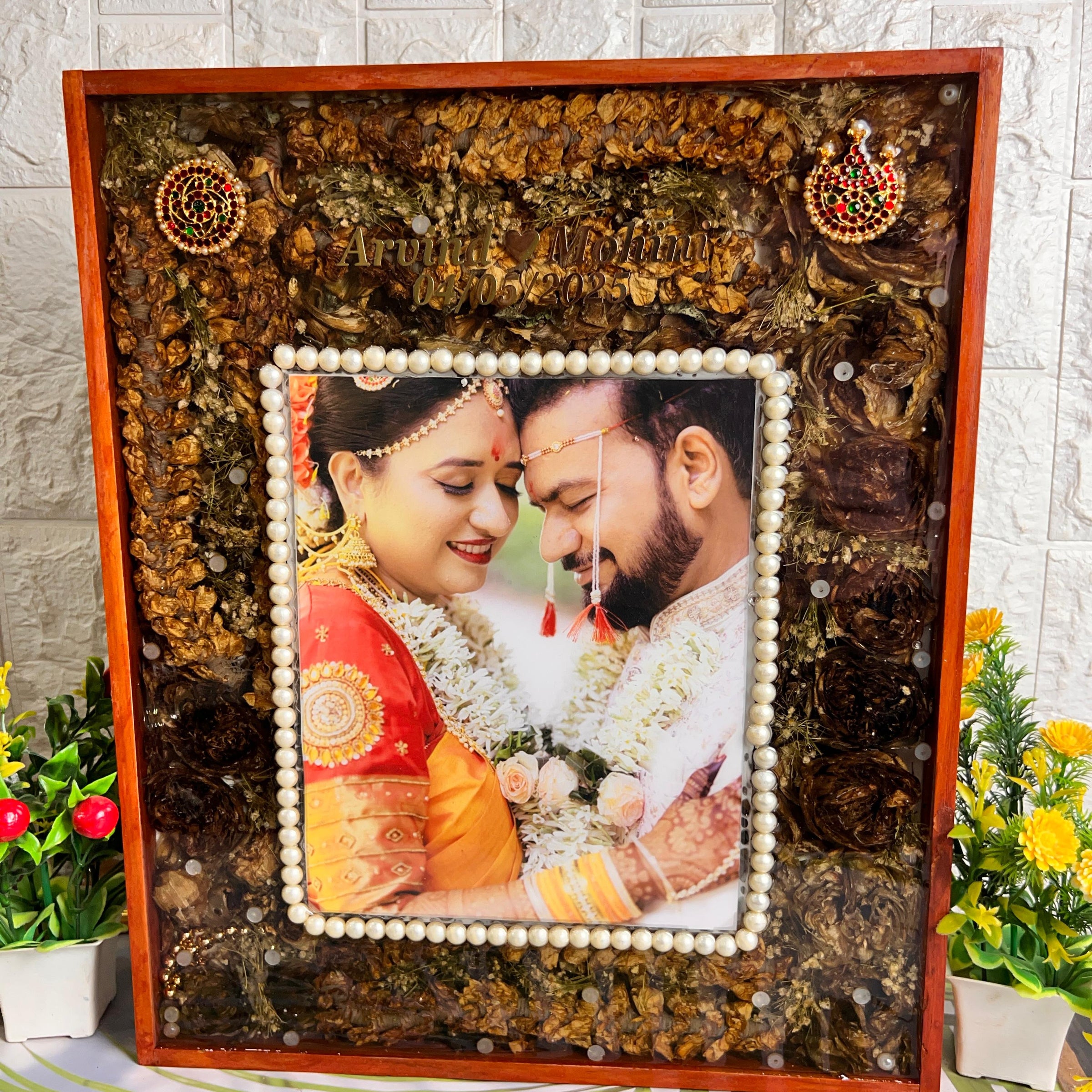 Resin 15 by 18 inch with Lotus Flowers & Jumke with Couple photo & Pearls border With Name & date varmala Preservation