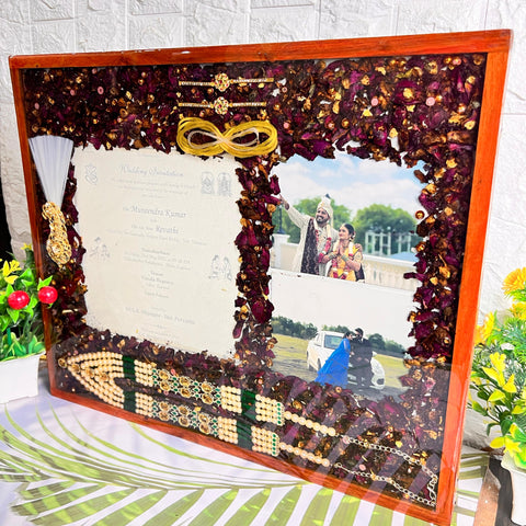 Resin 15 by 18 inch with Wedding card & couple photo & Kantha Kalangi With Varmala Preservation Resin 15 by 18 inch with Wedding card & couple photo & Kantha Kalangi With Varmala Preservation