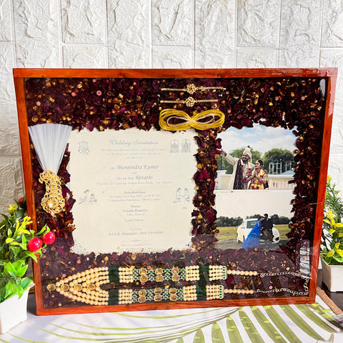 Resin 15 by 18 inch with Wedding card & couple photo & Kantha Kalangi With Varmala Preservation Resin 15 by 18 inch with Wedding card & couple photo & Kantha Kalangi With Varmala Preservation