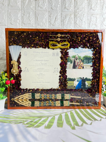 Resin 15 by 18 inch with Wedding card & couple photo & Kantha Kalangi With Varmala Preservation Resin 15 by 18 inch with Wedding card & couple photo & Kantha Kalangi With Varmala Preservation