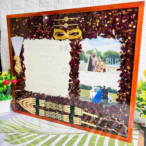 Resin 15 by 18 inch with Wedding card & couple photo & Kantha Kalangi With Varmala Preservation Resin 15 by 18 inch with Wedding card & couple photo & Kantha Kalangi With Varmala Preservation