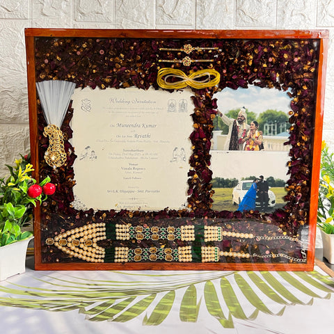 Resin 15 by 18 inch with Wedding card & couple photo & Kantha Kalangi With Varmala Preservation Resin 15 by 18 inch with Wedding card & couple photo & Kantha Kalangi With Varmala Preservation