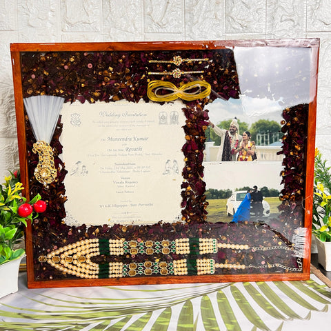Resin 15 by 18 inch with Wedding card & couple photo & Kantha Kalangi With Varmala Preservation Resin 15 by 18 inch with Wedding card & couple photo & Kantha Kalangi With Varmala Preservation