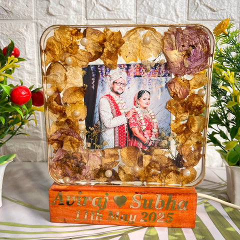 Resinn 6 inch block with Couple photo & Name date with LED stand Varmala Preservation Resinn 6 inch block with Couple photo & Name date with LED stand Varmala Preservation