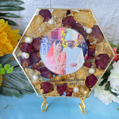 Resin 5inch hexogonal frame with Couple Photo & Name date Varmala Preservation Resin 5inch hexogonal frame with Couple Photo & Name date Varmala Preservation
