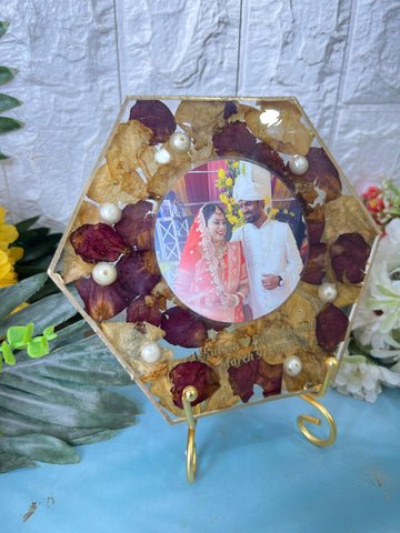 Resin 5inch hexogonal frame with Couple Photo & Name date Varmala Preservation Resin 5inch hexogonal frame with Couple Photo & Name date Varmala Preservation
