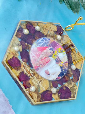 Resin 5inch hexogonal frame with Couple Photo & Name date Varmala Preservation Resin 5inch hexogonal frame with Couple Photo & Name date Varmala Preservation