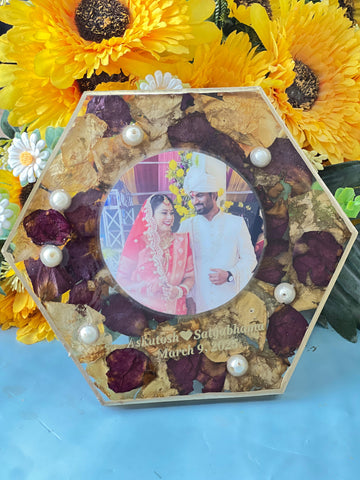 Resin 5inch hexogonal frame with Couple Photo & Name date Varmala Preservation Resin 5inch hexogonal frame with Couple Photo & Name date Varmala Preservation