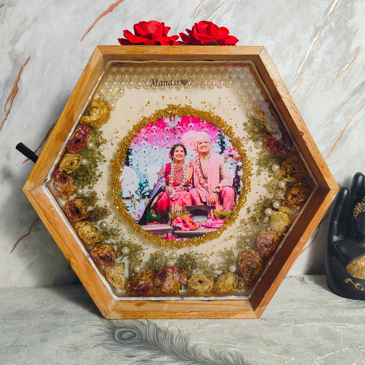 Resin LED Lights Varmala Preservation Hexagonal Photo Frame | Wedding Garland Photo Frame with Design | Artistic Night Lamp (12 Inch), LED Light Connection