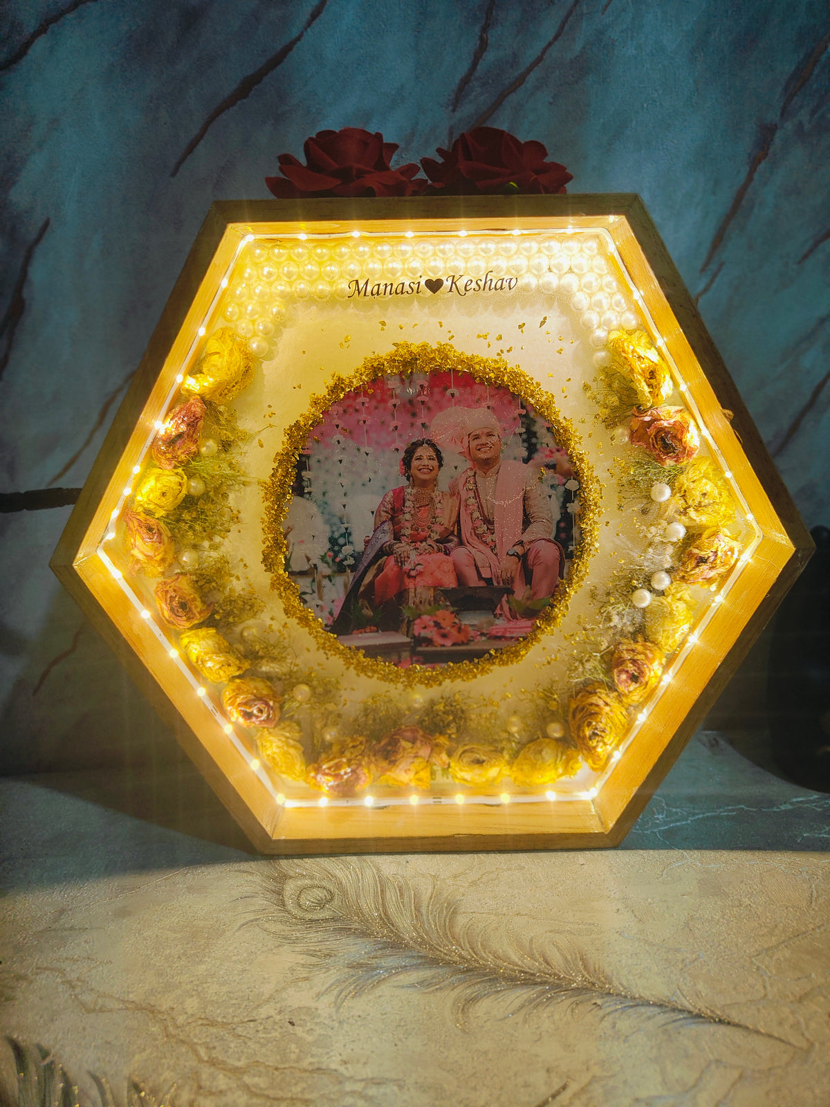 Resin LED Lights Varmala Preservation Hexagonal Photo Frame | Wedding Garland Photo Frame with Design | Artistic Night Lamp (12 Inch), LED Light Connection