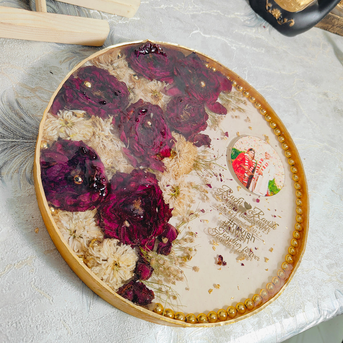 Deep Casted Varmala Flower Preserved Round Photo Frame | Red and White Flowers Wedding Frame with Personalized Wedding Details (10-inch)