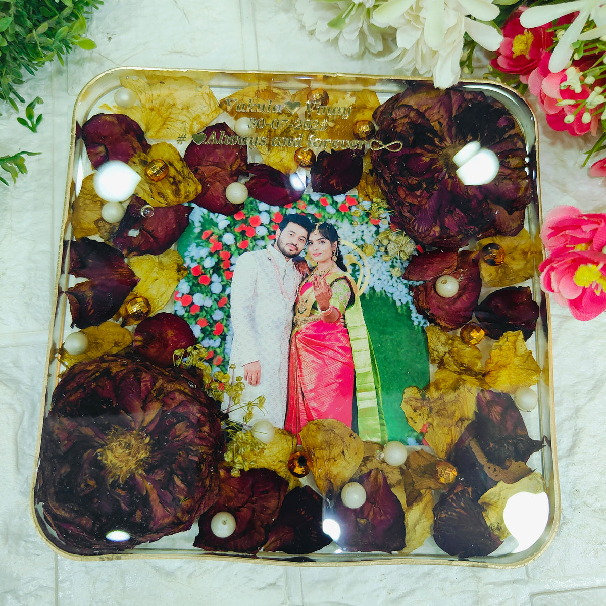 Resin 6inch block with Red & White Flowers with Couple photo & Name date with metal stand Varmala Preservation