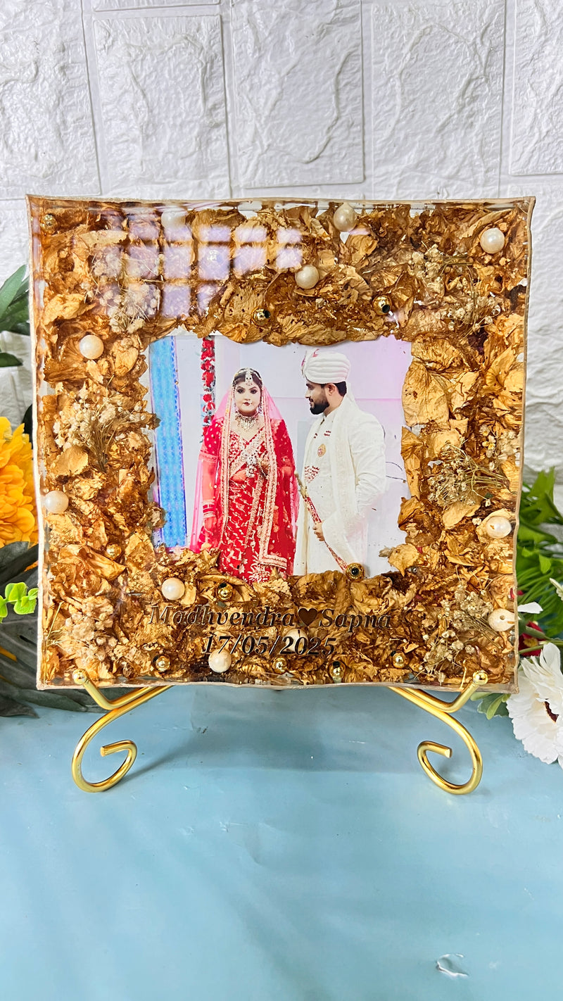 Resin 8inch block with couple photo & Name date Varmala Preservation
