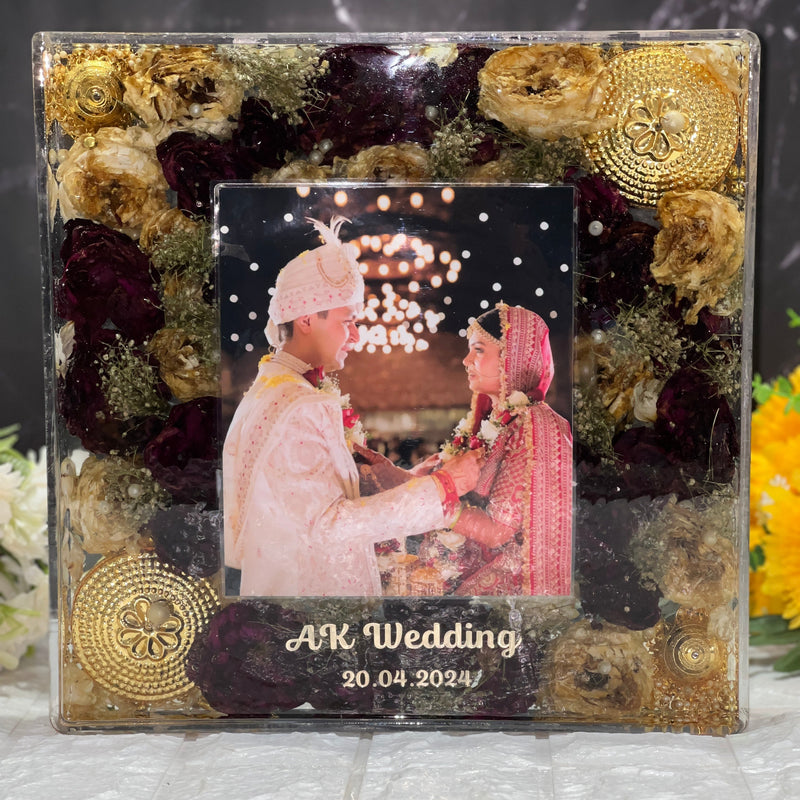 12-Inches Square Resin Photo Frame with Preserved Wedding Flowers & Kaleera