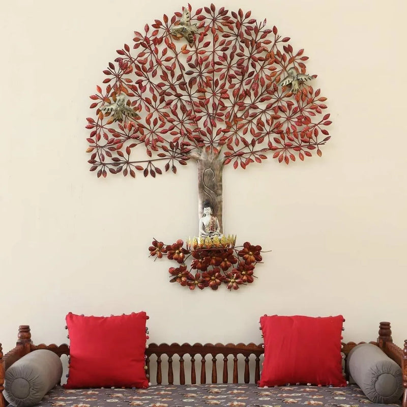Large Reddish Leafy Tree Metal Wall Art with Buddha Idol