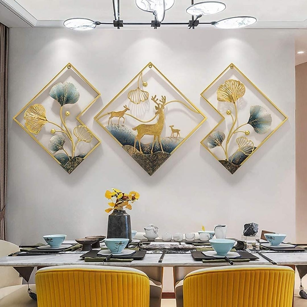 Modern Big Deer Frame Metal Wall Art for Living Room | Gold and Blue Ginkgo Leaves Metal Wall Decor for Bedroom (Set of 3 Pcs) (Size 48*21 Inches )