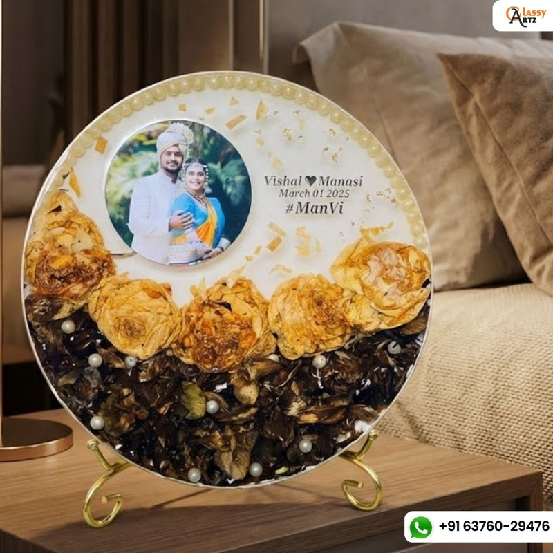 Resin 10 inch frame with half filled with petals one photo name date with metal stand Varmala Preservation