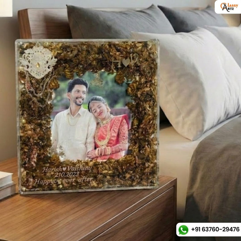 Resin 10inch Acrallic Frame with Flowers Petals & Pearls with Couple Photo Frame with Name & Date Varmala Preservation