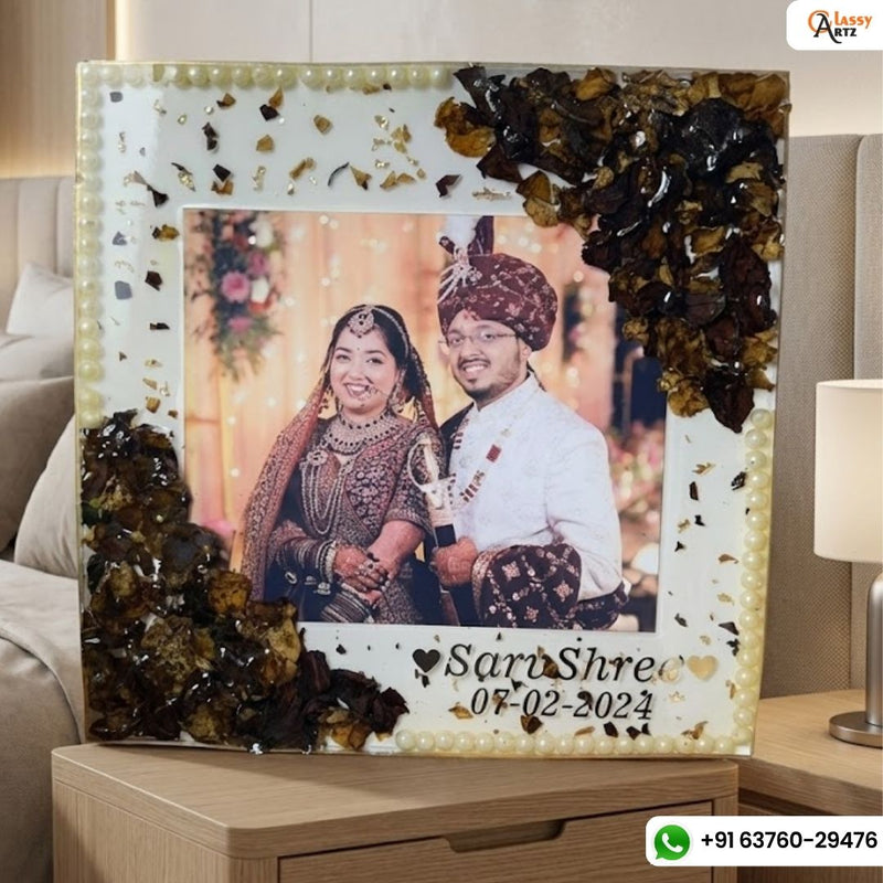 Resin 10inch squre with Couple Photo & Name Date with Pearls Border Varmala Preservation
