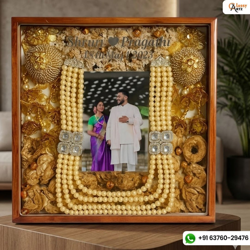 Resin 12 inch wooden frame with led light connection with kaleera ,kantha flowers ,name date and photo Varmala Presevation