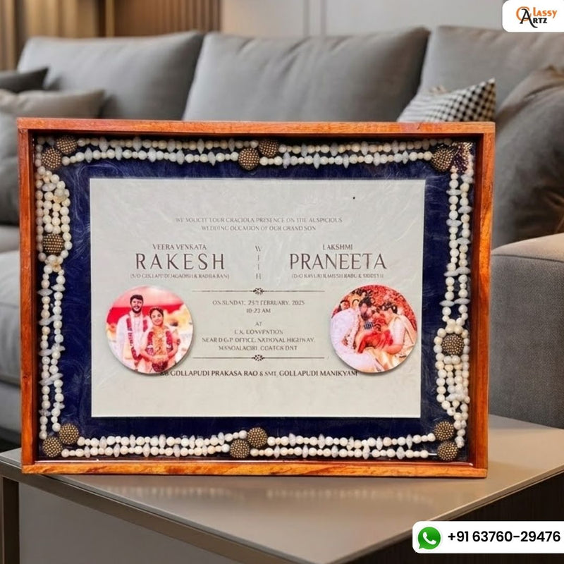 Resin 12 by 16 inch frame With wedding card, 2 photos , camphor mala with wooden frame Varmala Preservation