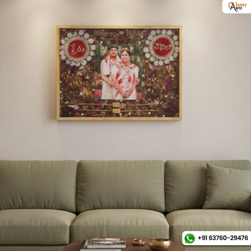 Resin 12 by 16 inch wooden frame with Couple Photo and Name with Mala and couple hand band Varmala Preservation