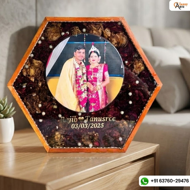 Resin 12inch Hexogonal with Couple Photo & Varmala with LED option Varmala Preservation