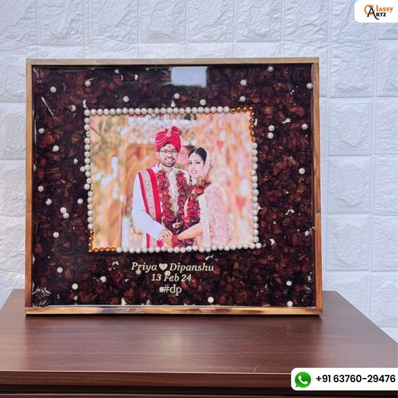 Resin 15 by 18 inch frame with photo name date with Red rose Petals Varmala Preservation