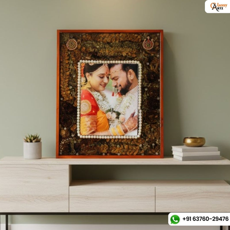 Resin 15 by 18 inch with Lotus Flowers & Jumke with Couple photo & Pearls border With Name & date varmala Preservation