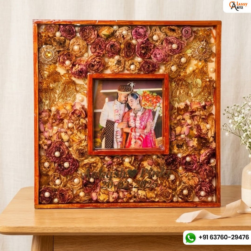 Resin 16 by 16 inch double frame with Keleera , Flowers , with couple Photo & Name Varmala Preservation