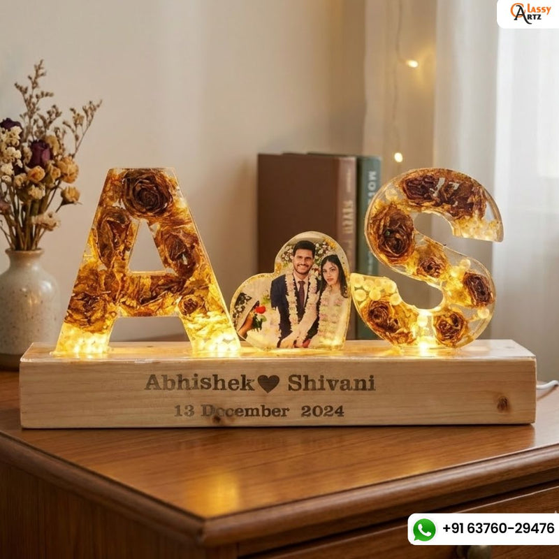 Resin 4inch name initial LAMP with LED stand with Heart Photo Varmala Preservation