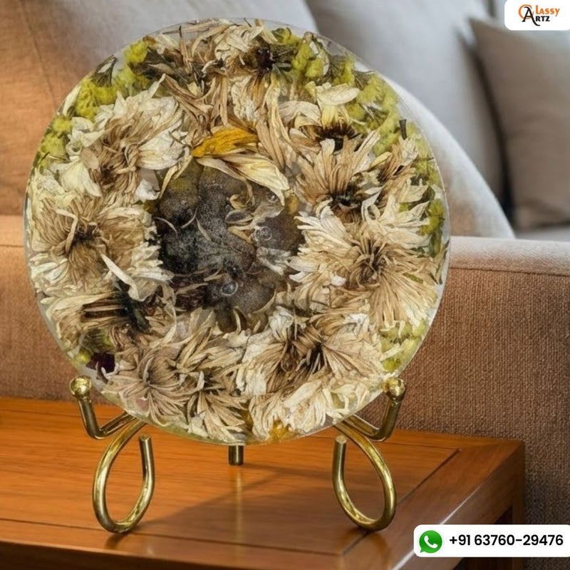 Resin 8inch round 6 inch frame dual side one side sunflower and one side white flowers with metal stand Flowers Preservation
