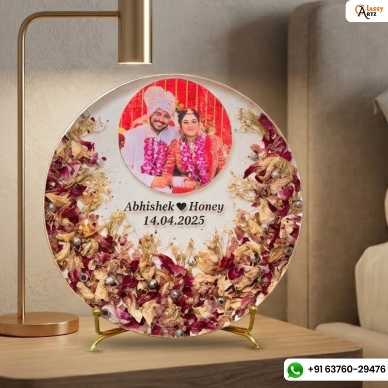 Resin 8inch round with Flowers petals & Couple Name & date with Photo Metal stand Varmala Preservation