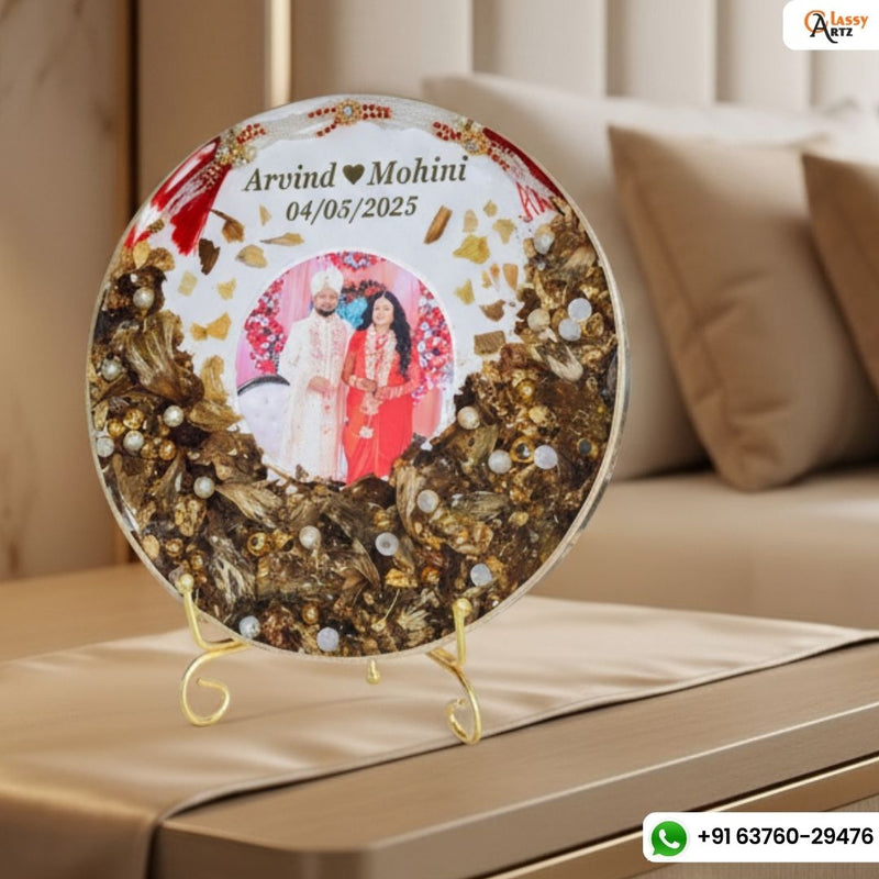 Resin 8inch round with Half side Flowers & Couple photo & Name date with Tread Varmala Preservation