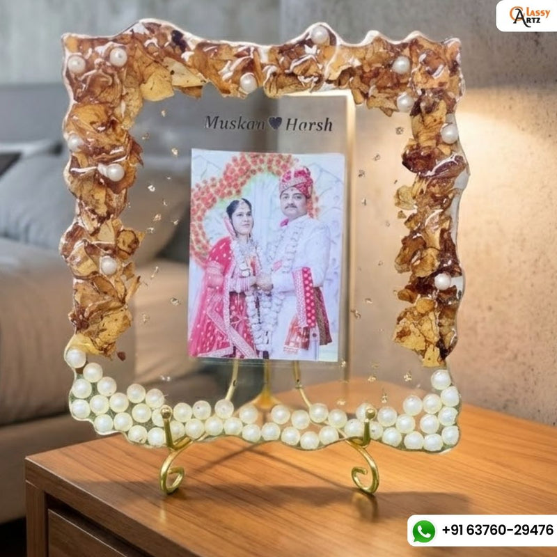 Resin 8inch square with couple photo & flowers petals with metal stand Varmala Preservation