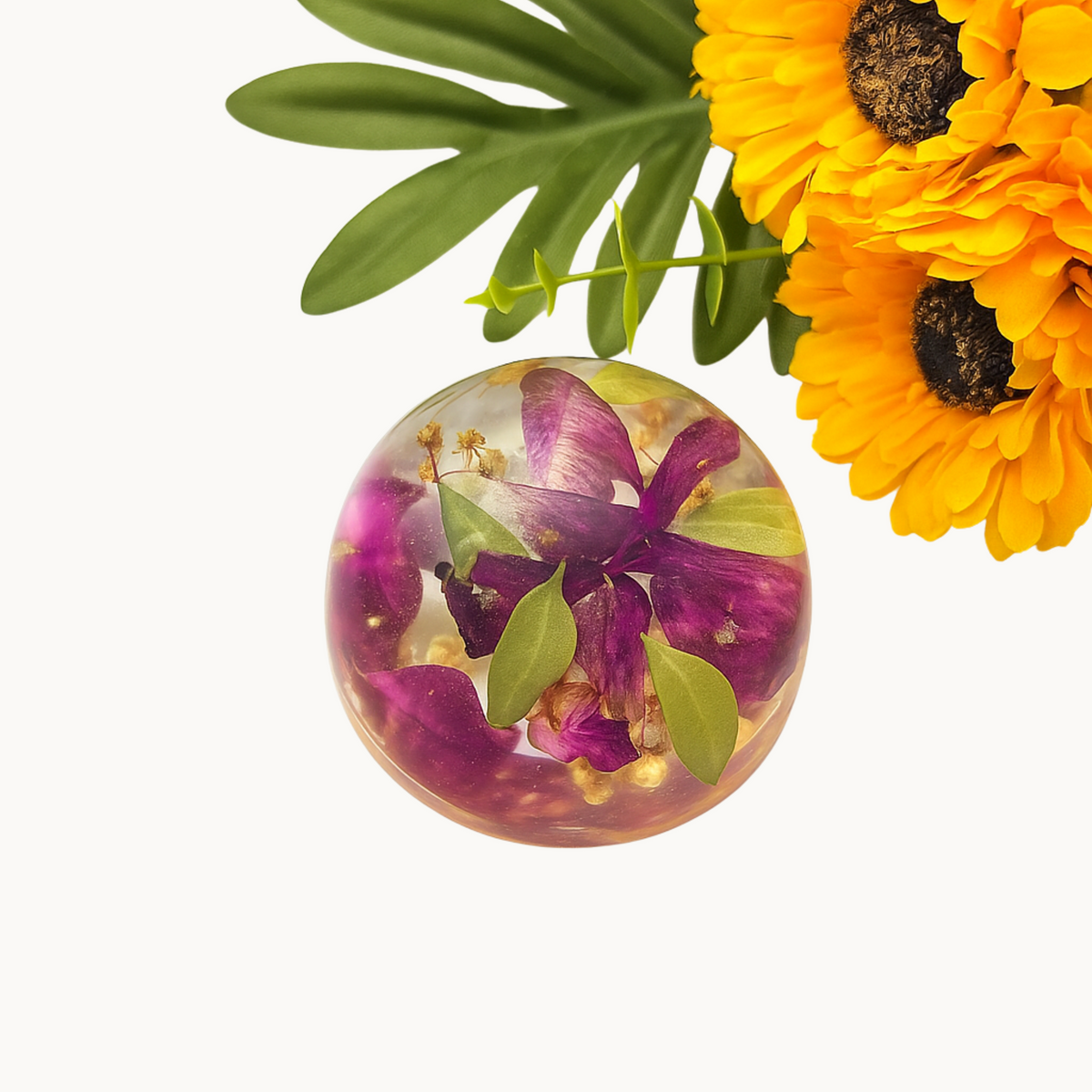 Resin Paperweight with Preserved Orchid Flowers