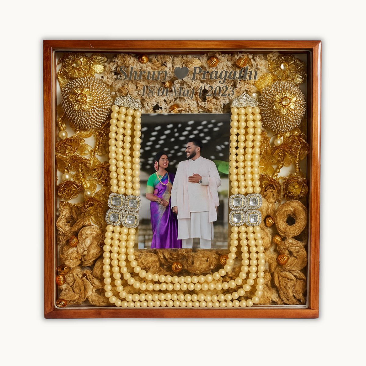 Resin 12 inch wooden frame with led light connection with kaleera ,kantha flowers ,name date and photo Varmala Presevation