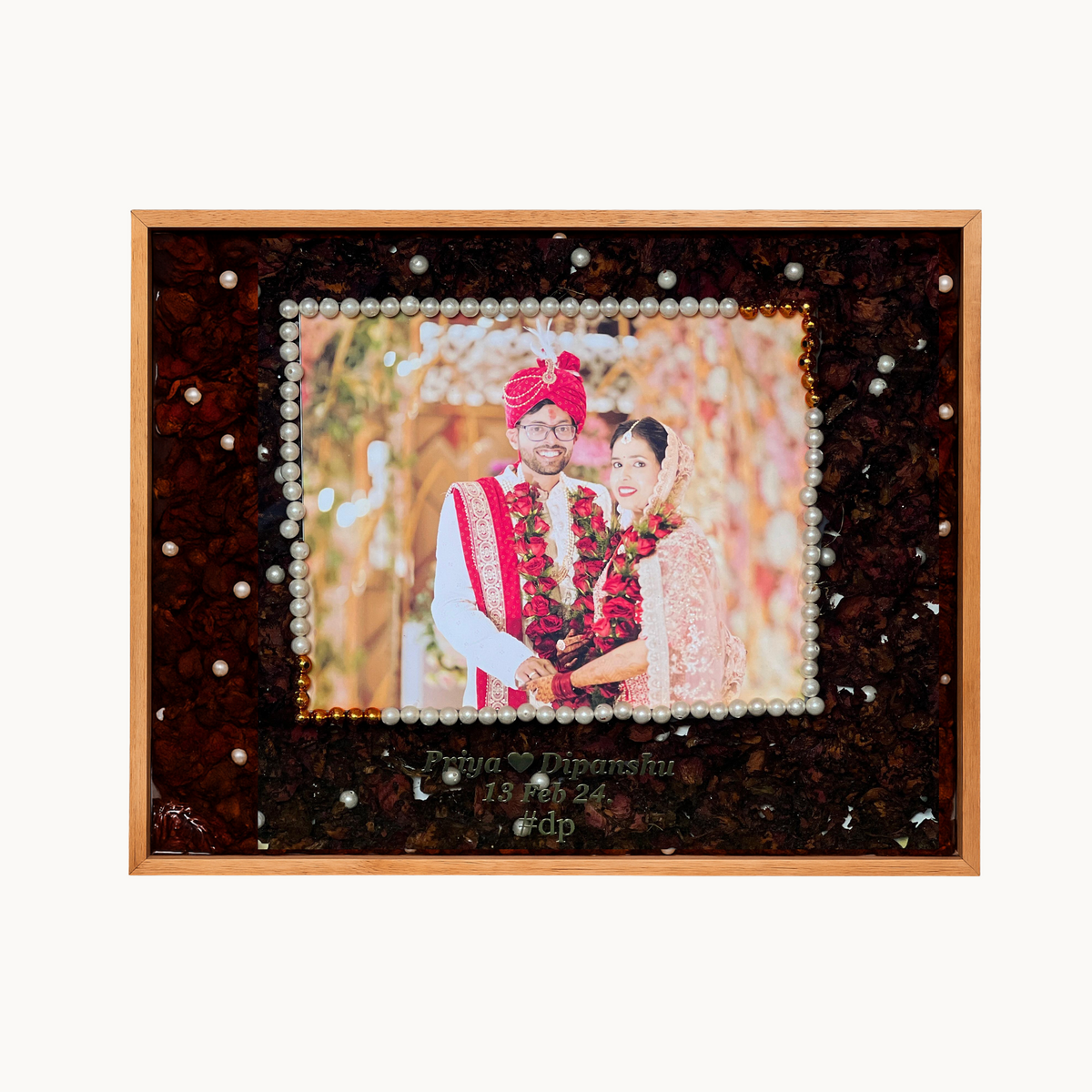 Resin 15 by 18 inch frame with photo name date with Red rose Petals Varmala Preservation